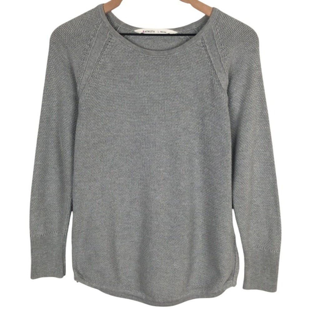 ATHLETA Textured Side Zip Cotton Blend Knit Sweater Women's L Gray L/S Crew Neck